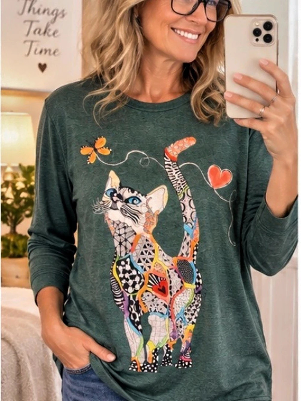 25-25” ptp Cat Graphic Long Sleeve Tee Green XXL Like New